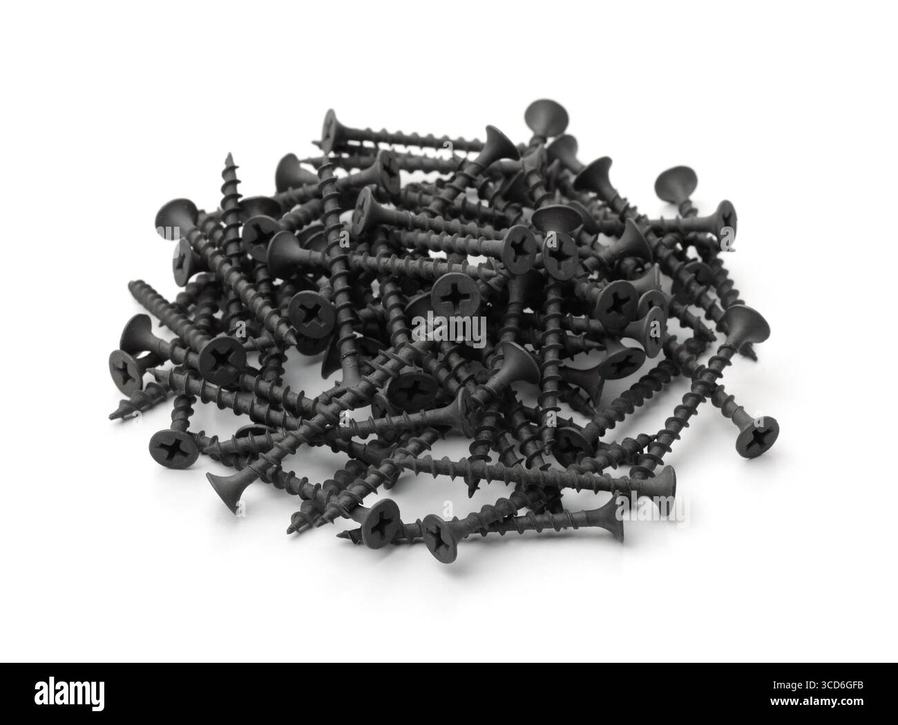 Pile of black drywall screws isolated on white Stock Photo