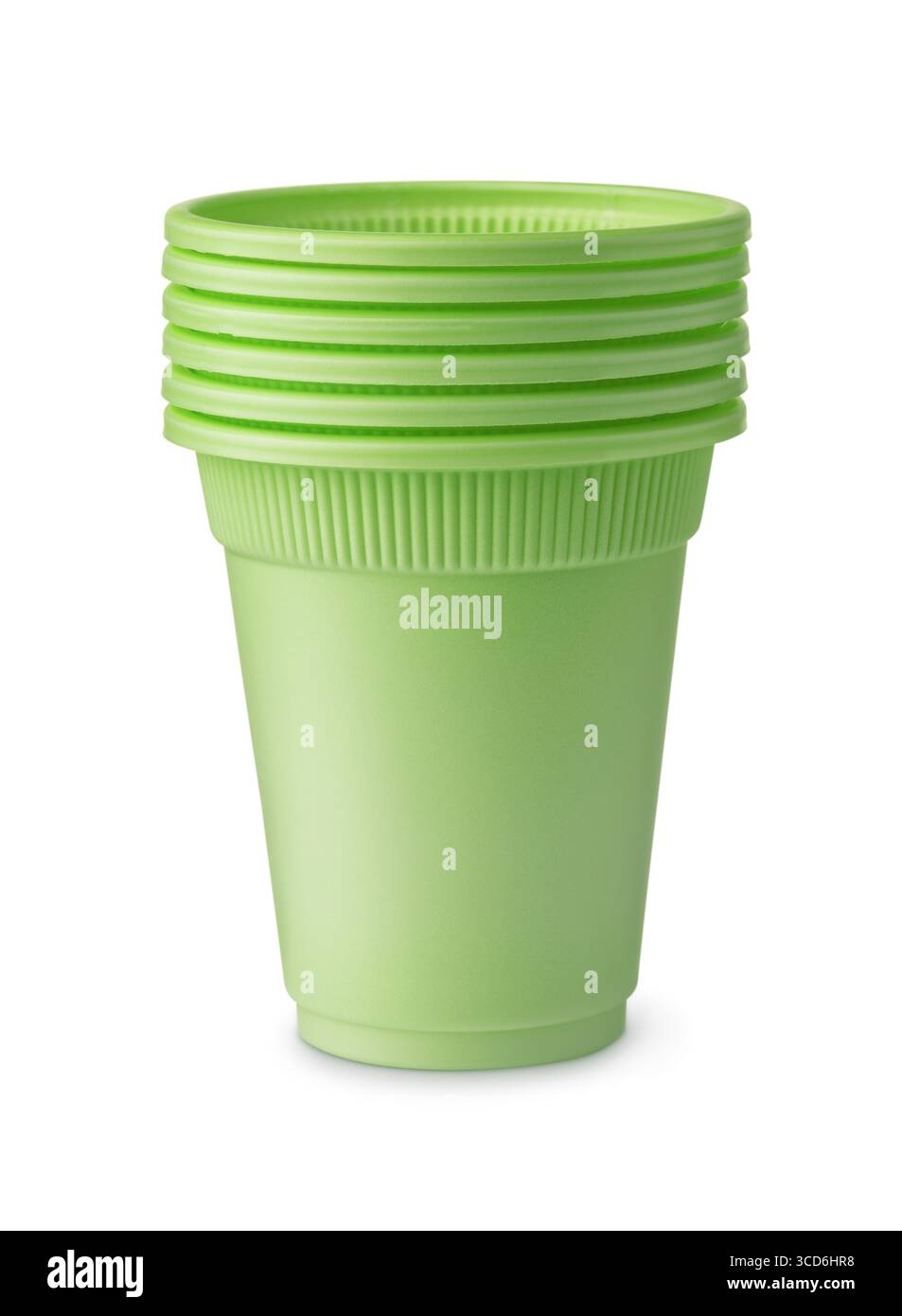 Stack of green disposable biodegradable plastic cups isolated on white Stock Photo