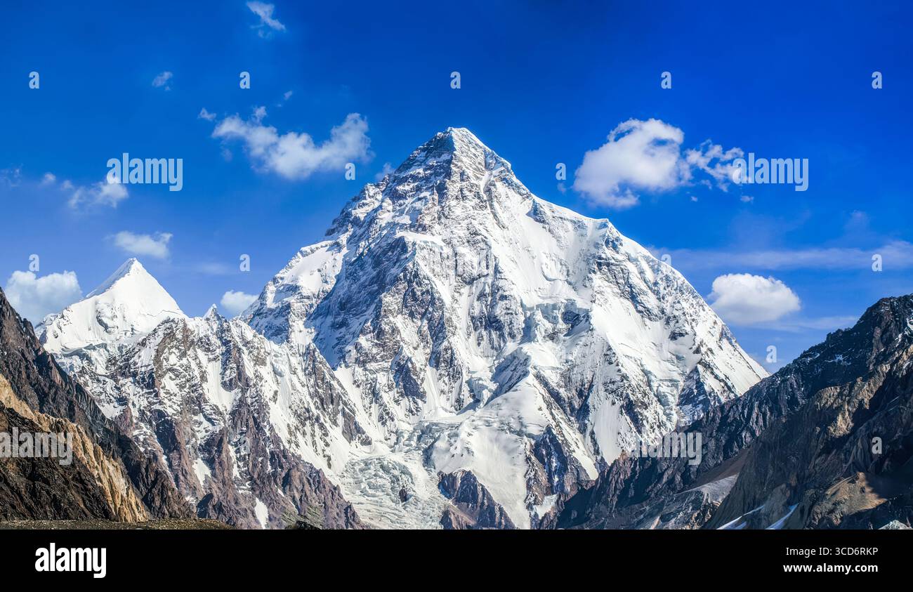 At 8,611 meters, K2 reigns as the untamed monarch of the Karakoram Stock Photo