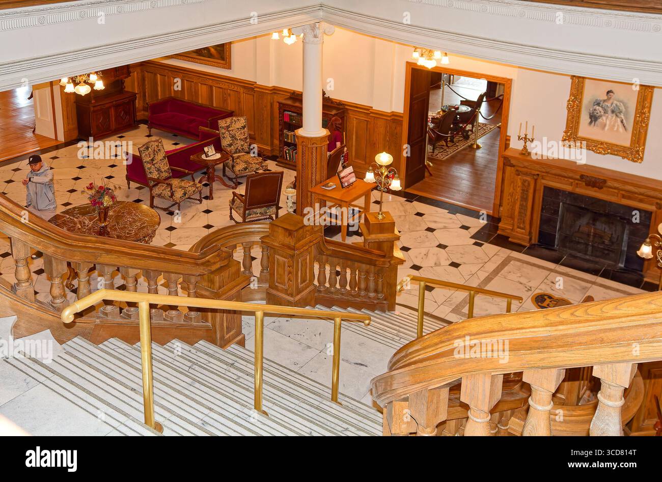 Boldt Castle, Grand Hall overview, from 2nd floor, wide stairway ...