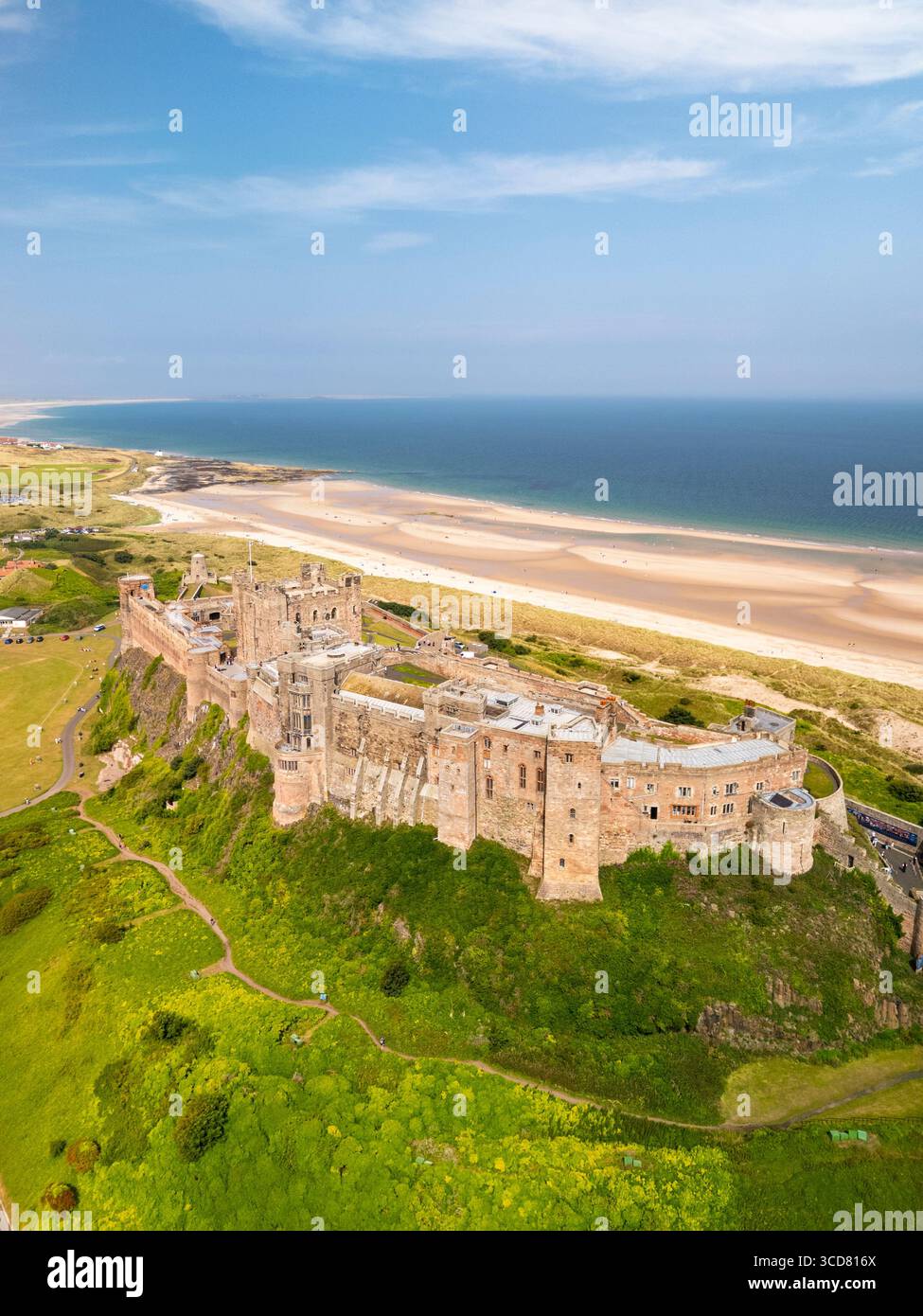 Aerial view of Bamburgh Castle in Bamburgh, Northumberland, England, UK ...