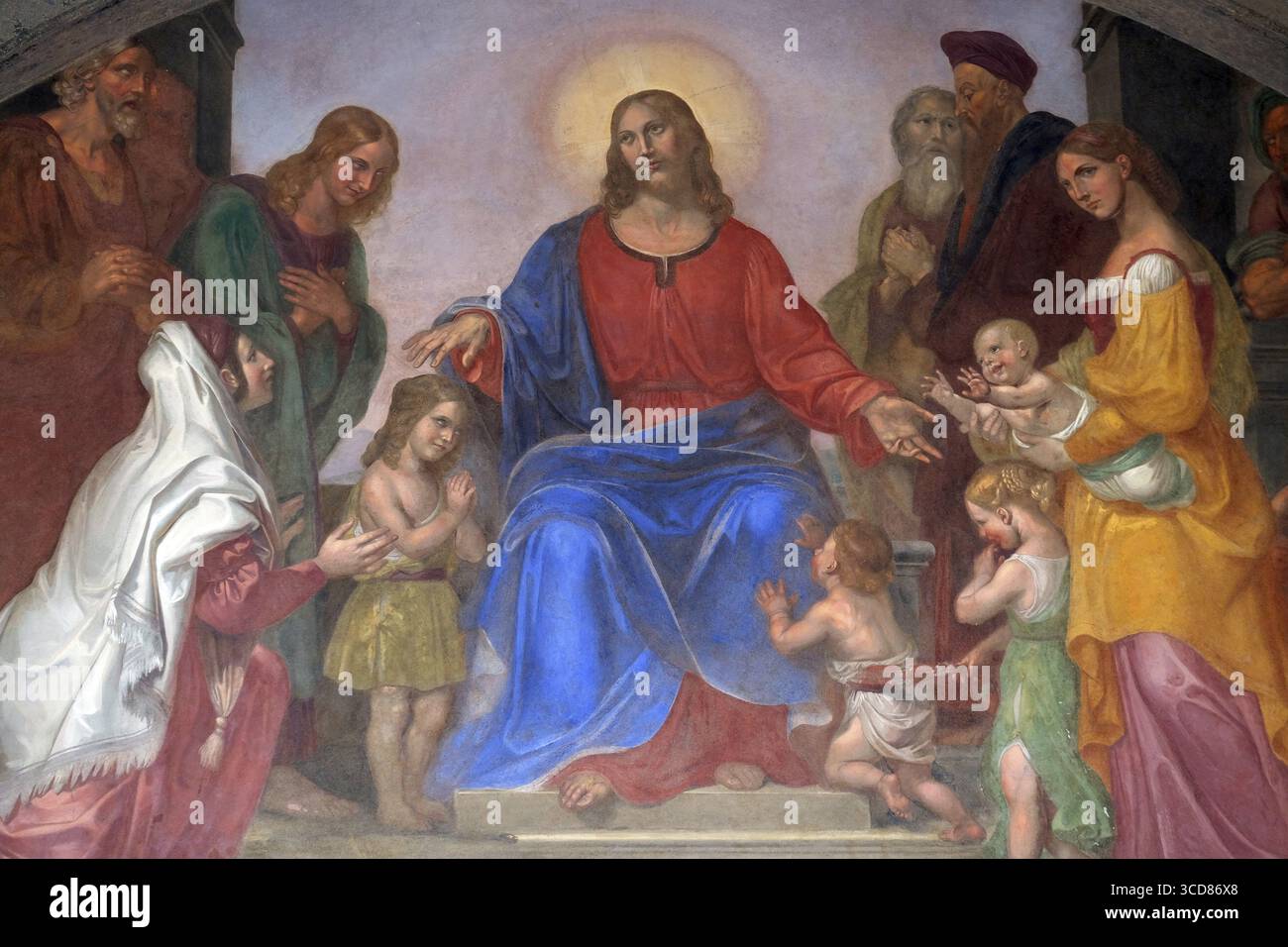 Jesus blesses the children, frescoed lunette, Ospedale degli Innocenti - Exterior arcade, Florence, Italy Stock Photo
