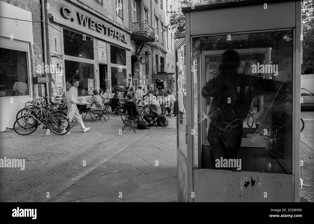 Germany, Berlin, 23 June 1992, Cafe Westphal (C.W.), telephone booth ...