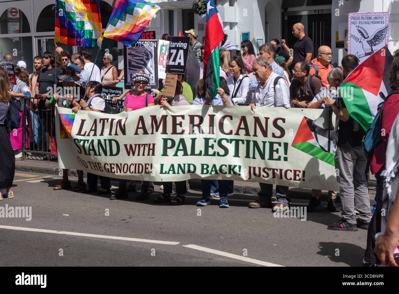 London, United Kingdom, August Ninth 2025 :- A pro Palestine, Anti War in Gaza Protest in Central London, banner reading latin americans stand with pa Stock Photo