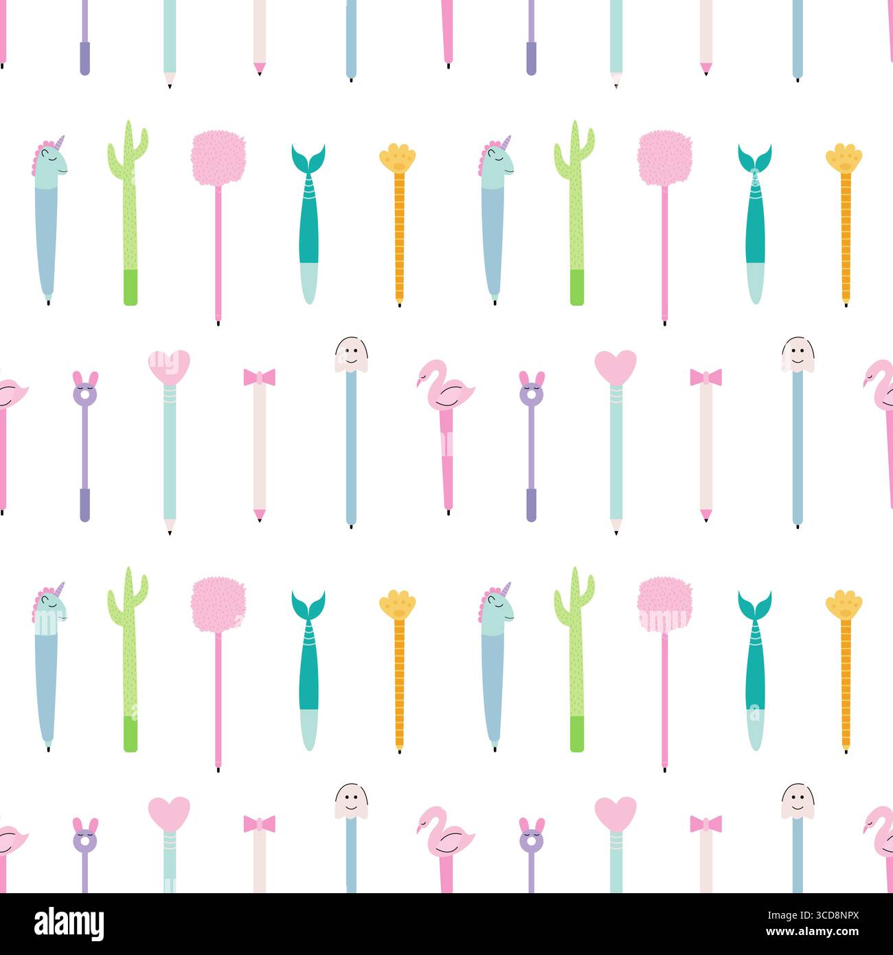 Cute kawaii pens and pencils pattern Stock Vector