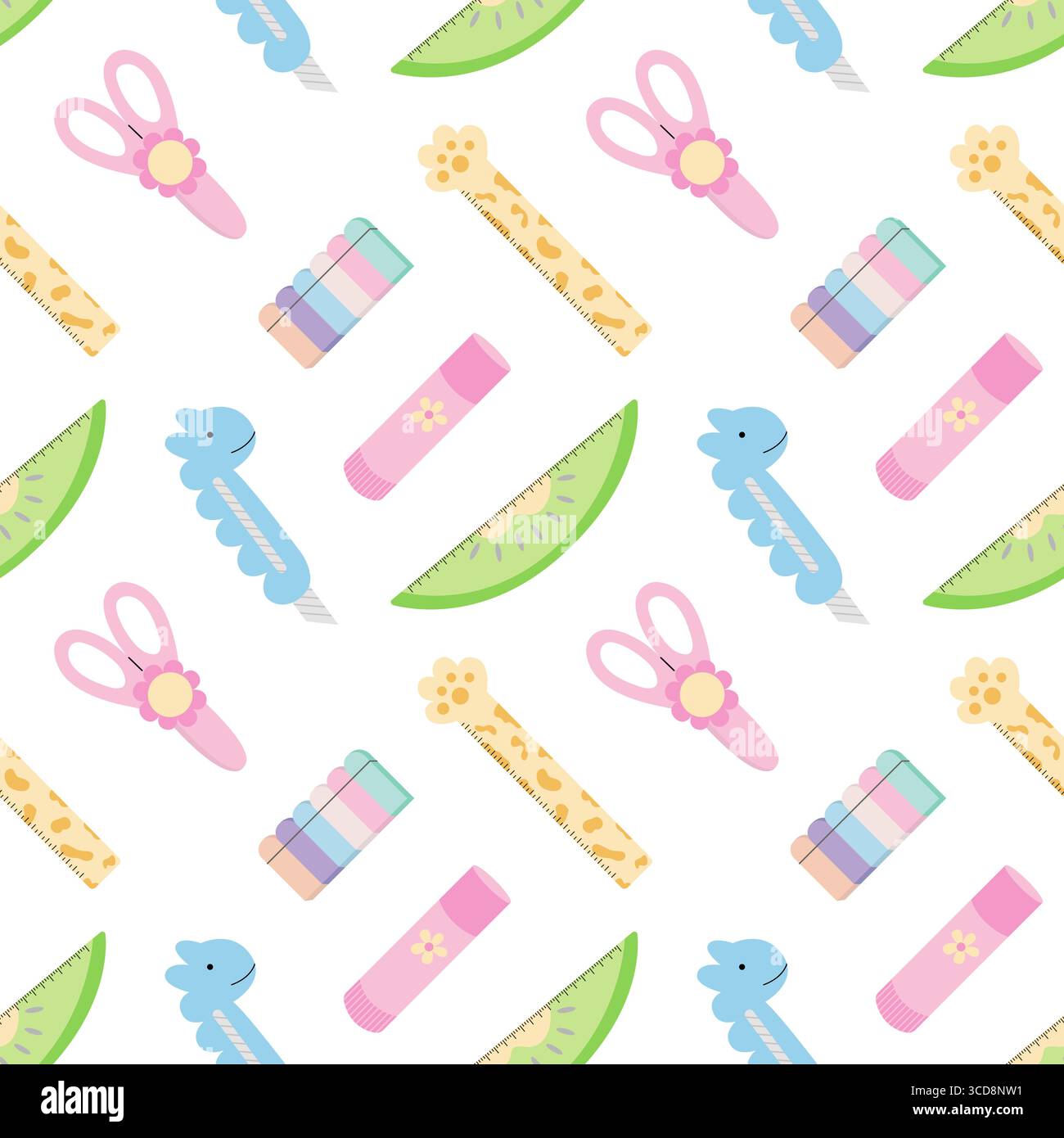 Kawaii school supplies seamless pattern Stock Vector