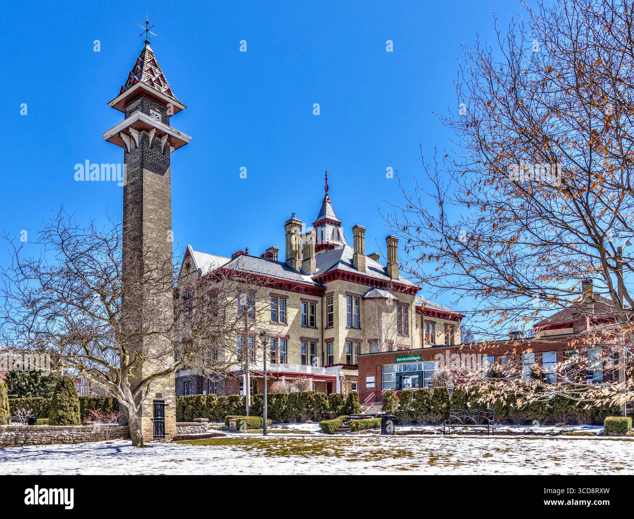 Site of the 1910 Dufton woollen mill chimney - Stratford, Ontario, Canada. Stock Photo