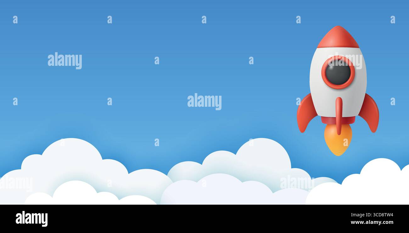 Vector 3d Red and White Rocket Icon, Startup Launch Concept. Blue and White Spaceship, Vector Illustration. Modern Business Logo, Flying Spacecraft Stock Vector