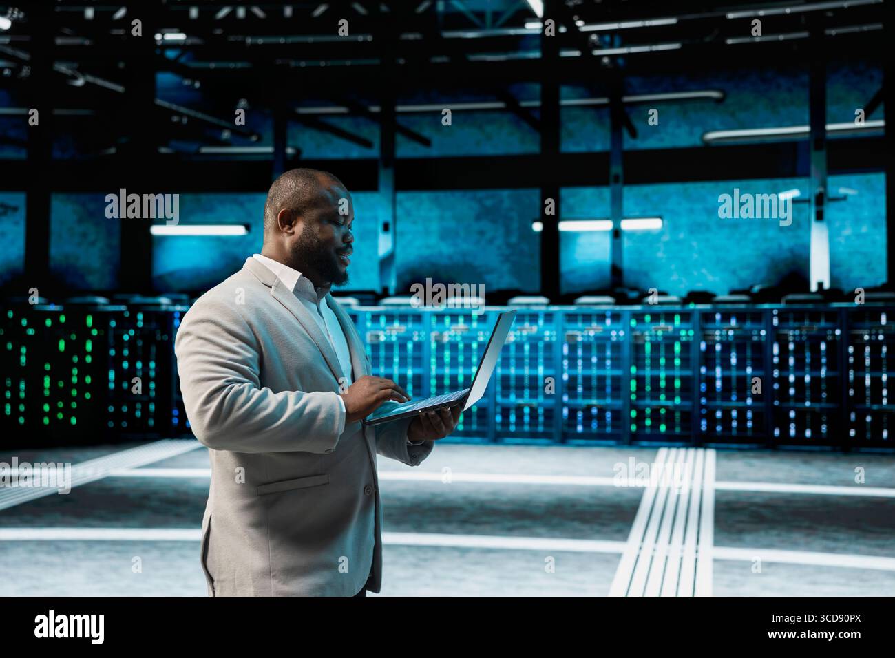 Developer in data center updating systems using laptop, protecting mainframes from damaging software errors. Server hub IT expert using notebook, looking for malfunctions causing gear to slow down Stock Photo