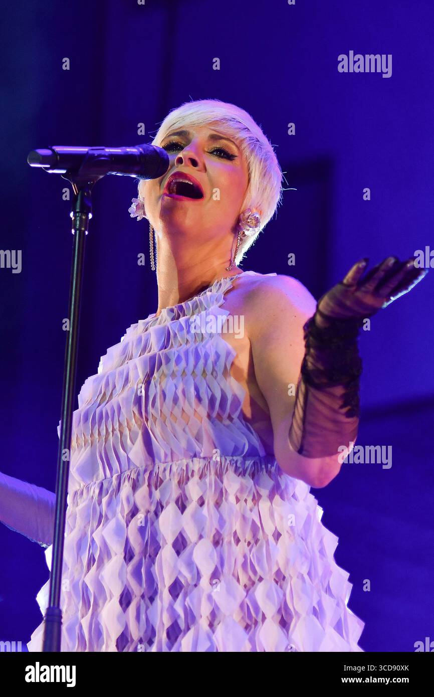 Spanish singer Pasion Vega performs during the concert at Conde Duque in Madrid, August 12, 2025, Spain. Stock Photo