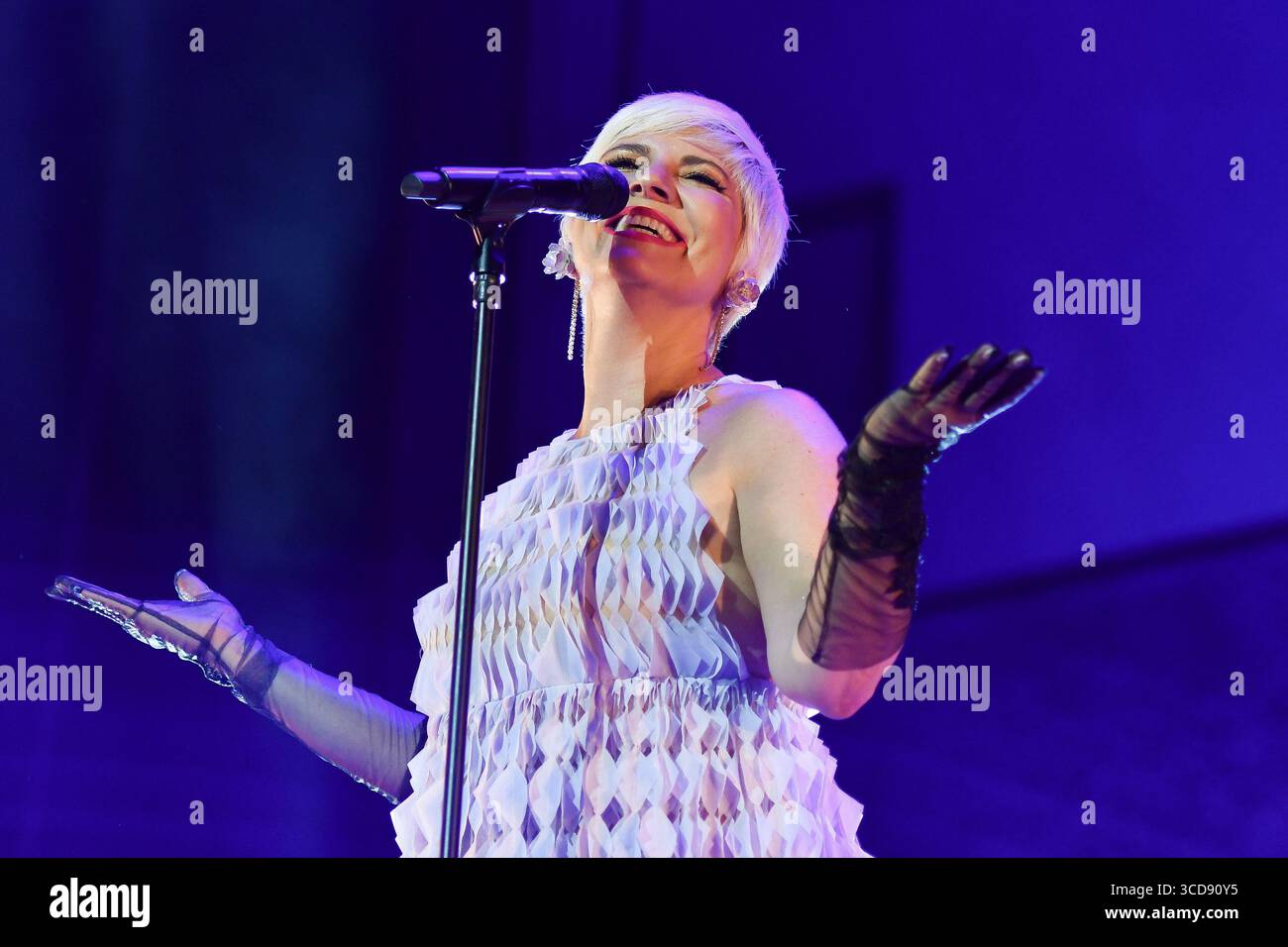 Spanish singer Pasion Vega performs during the concert at Conde Duque in Madrid, August 12, 2025, Spain. Stock Photo