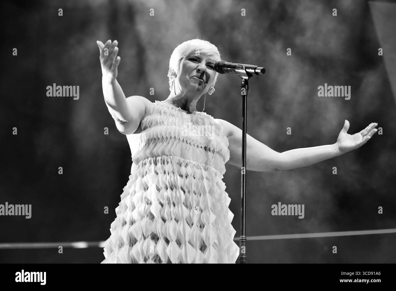 Spanish singer Pasion Vega performs during the concert at Conde Duque in Madrid, August 12, 2025, Spain. Stock Photo