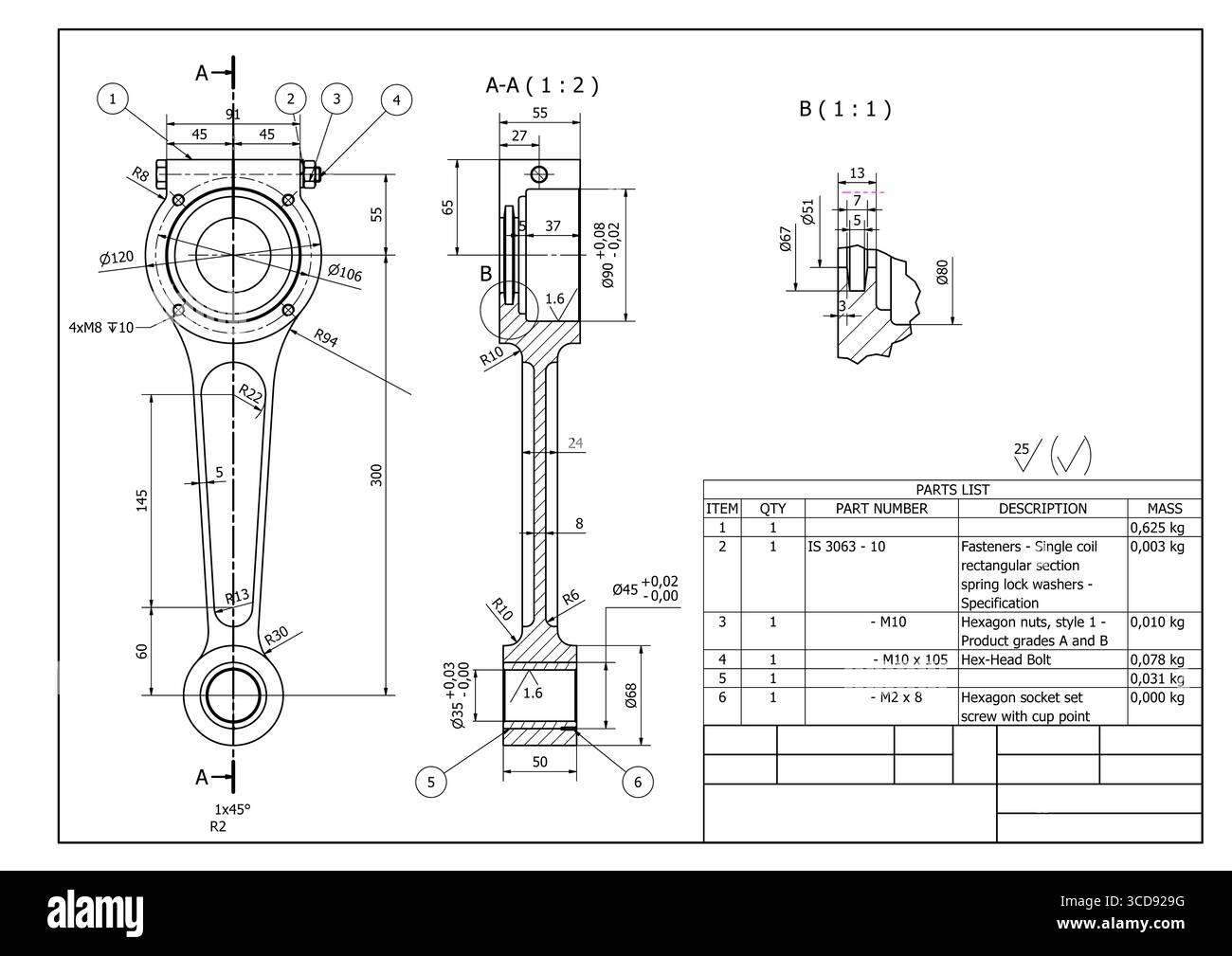 connecting rod, technical drawing, illustration, mechanical part piston engine motor, Stock Photo