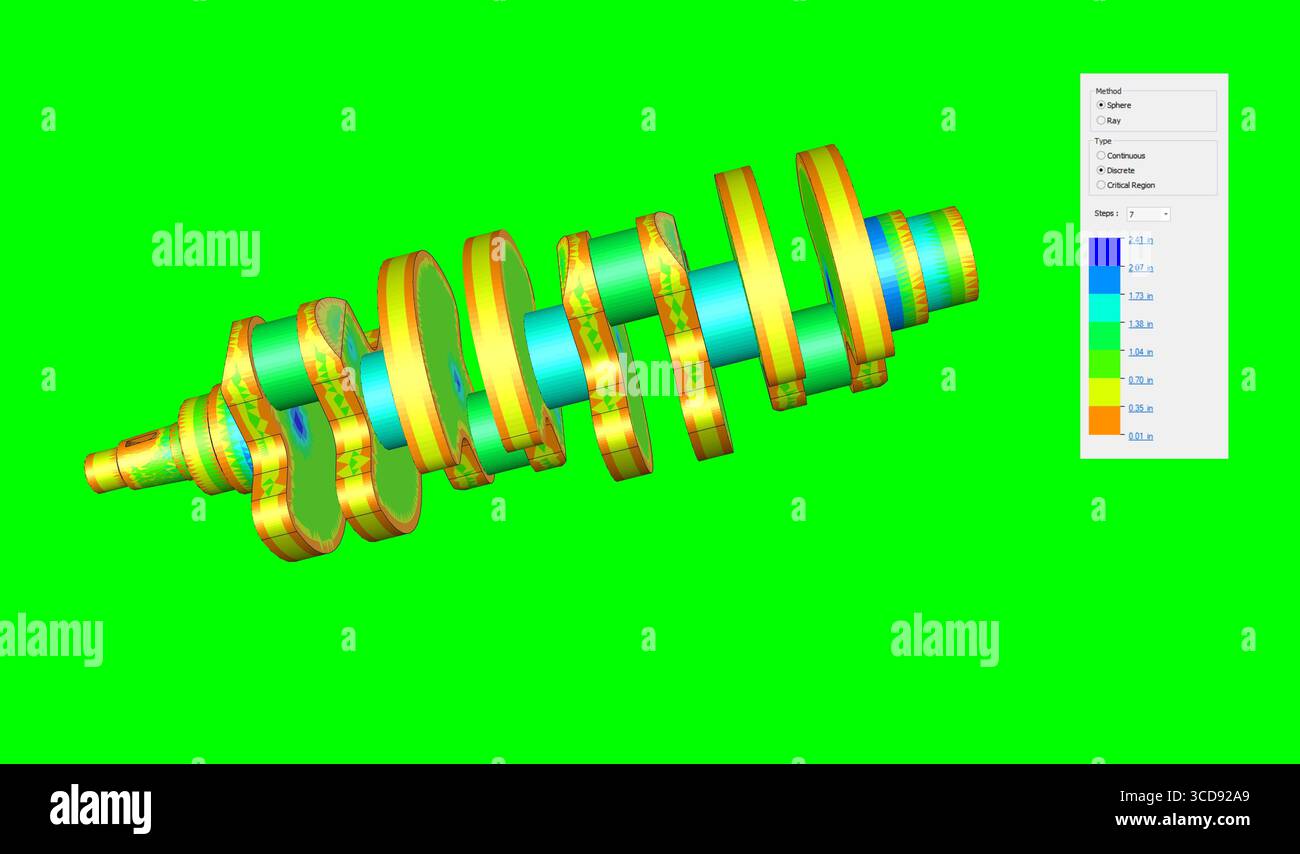 Finite Element Analysis, crankshaft technical drawing, illustration, mechanical part engine motor, green screen background Stock Photo
