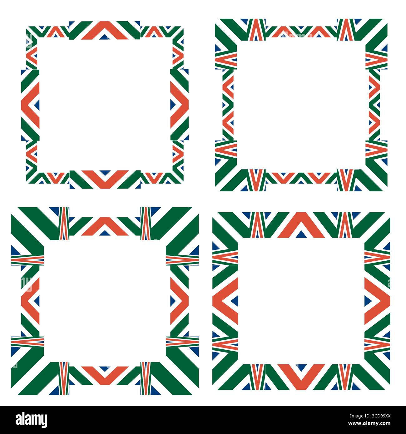 Bold color frames. Tricolor ethnic patterns. Modern square corners. Stock Vector