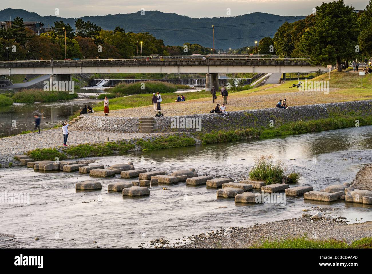 Concrete stepping stones in the Takano River at the Kamogawa Delta, Shimogamo Miyakawacho, Sakyo Ward, Kyoto, Kansai, Honshu, Japan Stock Photo