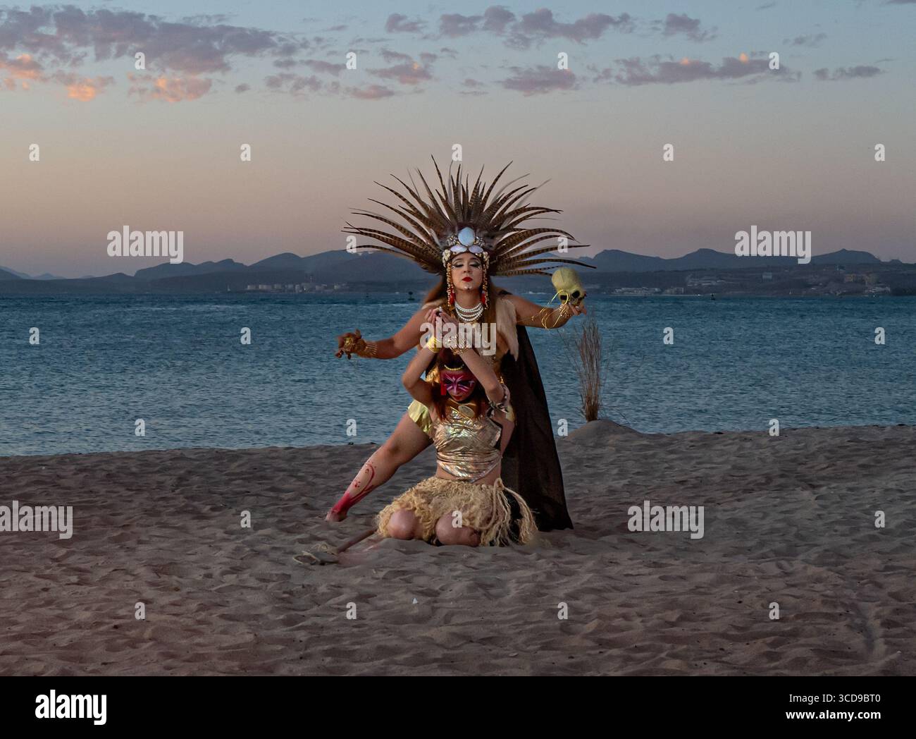 Actors participate in the annual reenactment of the first encounter of Hernan Cortez with the local indigenous people in a free, public beach show. Stock Photo