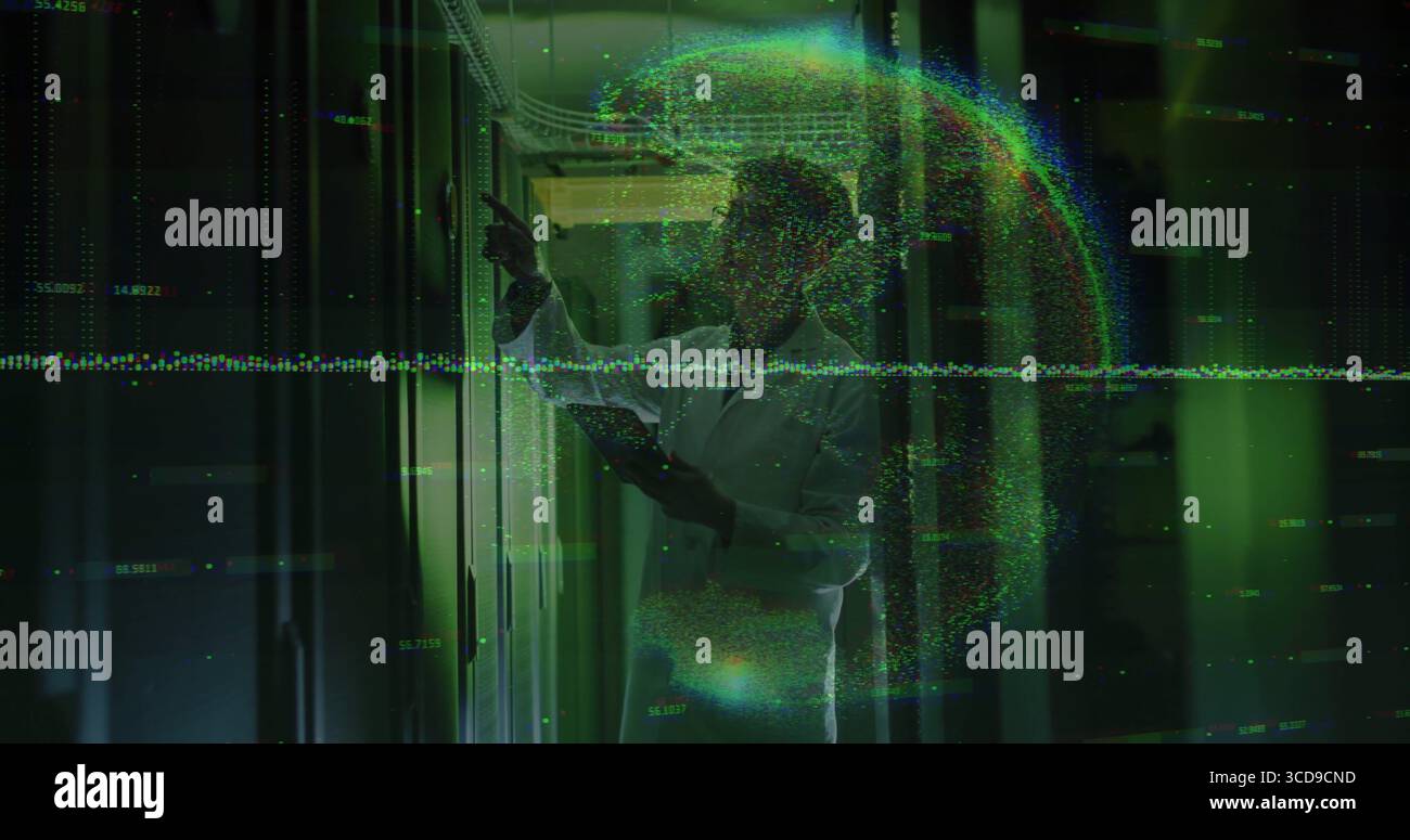 Pointing lab-coated technician holding tablet in server room with floating data streams and globe Stock Photo