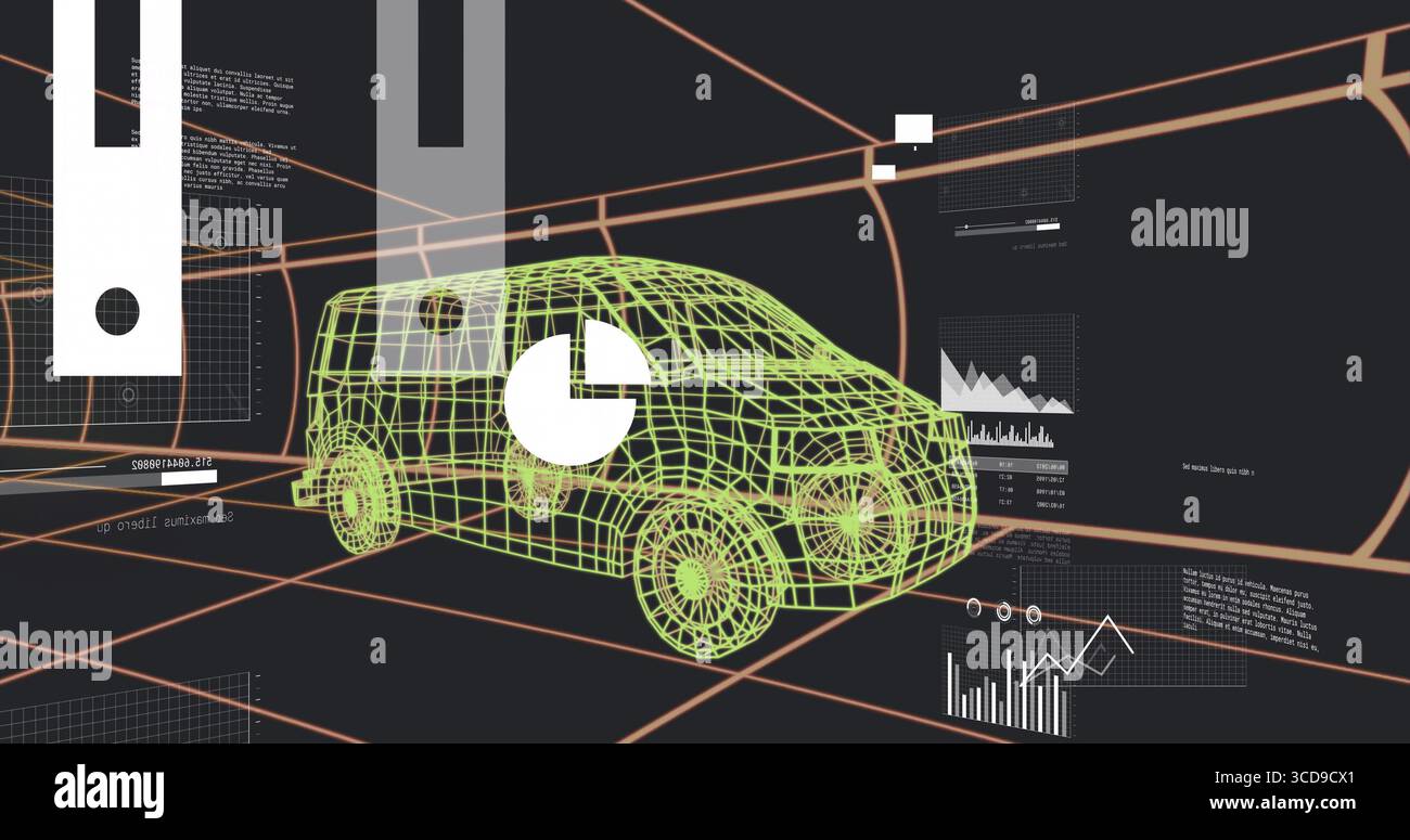 Displaying wireframe 3D van model floating in perspective grid, with pie chart and data panels Stock Photo