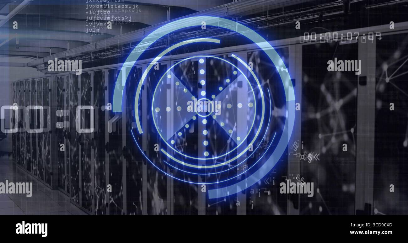 Displaying translucent blue interface on server cabinets in data center hall, showing timers Stock Photo