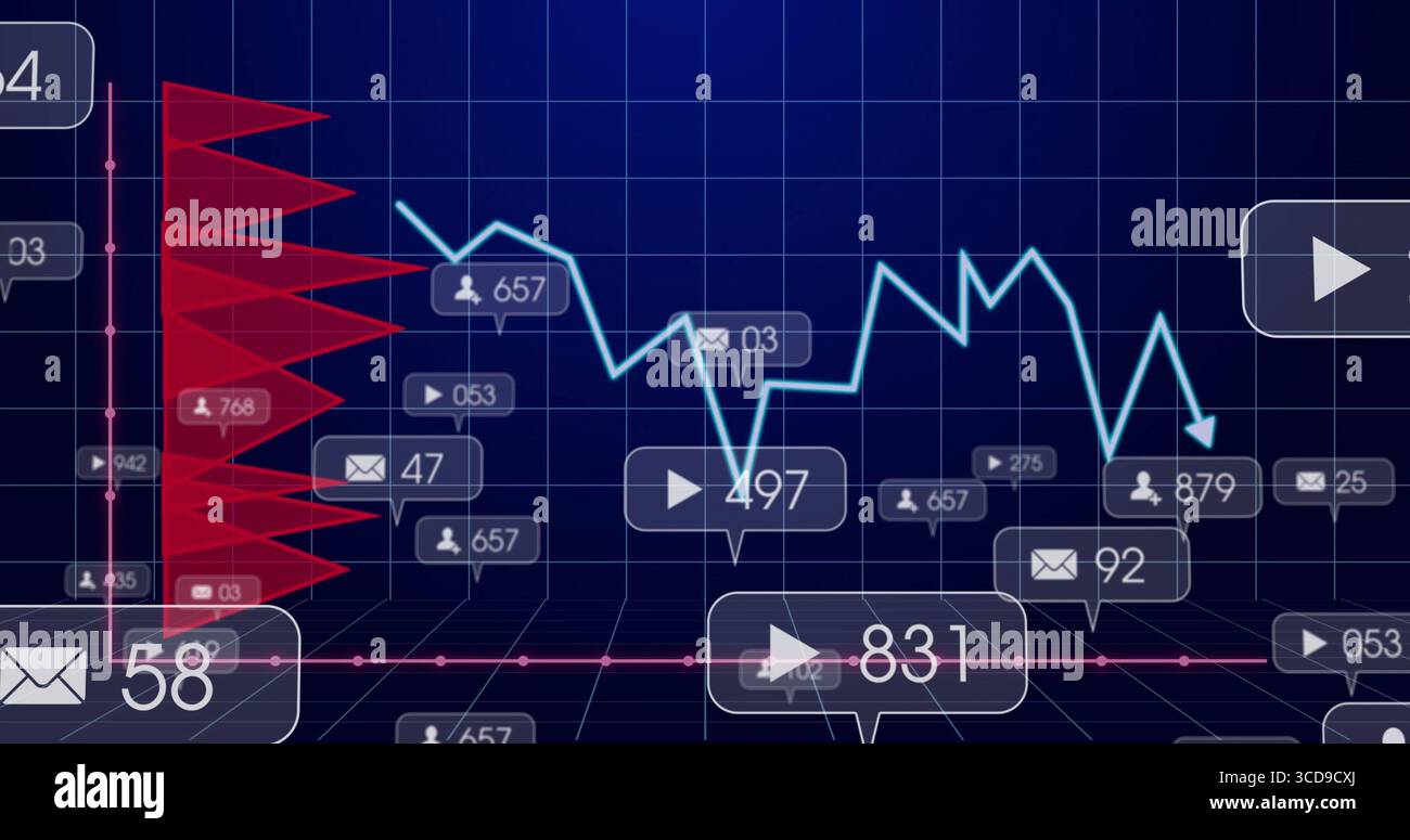 Displaying blue fluctuating line chart on dark grid UI with red bars and numbered icon callouts Stock Photo