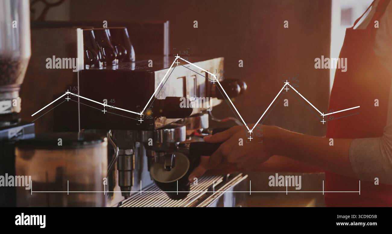 Barista in red apron pulling espresso shot on espresso machine behind coffee bar, with data overlay Stock Photo