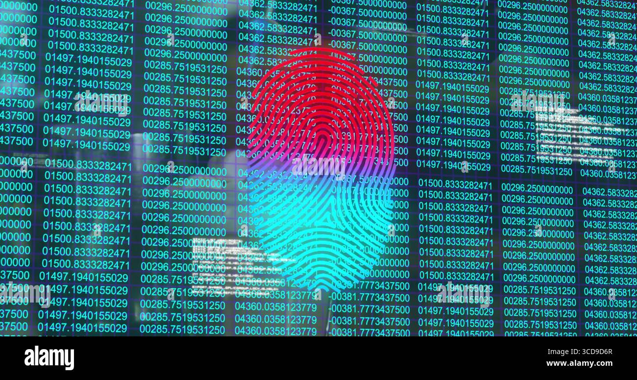 Displaying stylized fingerprint graphic overlaying code columns on security interface, grid lines Stock Photo