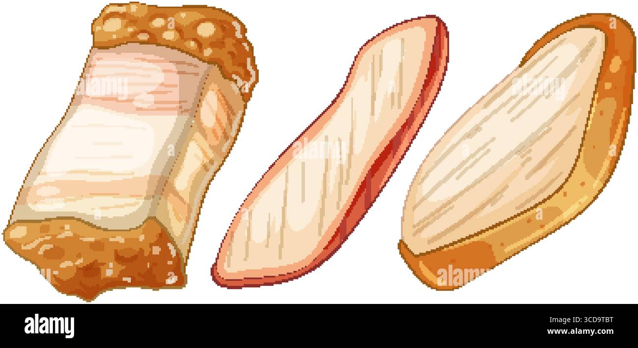 Illustration of three Asian food ingredients with detailed textures and vibrant colors, highlighting culinary diversity and artistic style Stock Vector