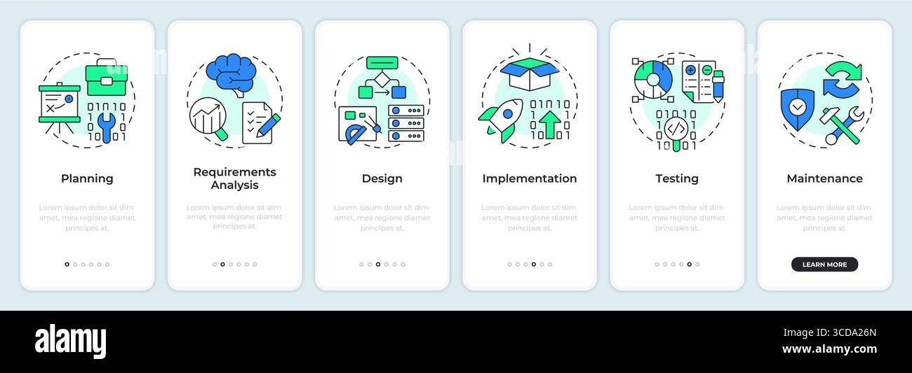Software development stages onboarding mobile app screen Stock Vector
