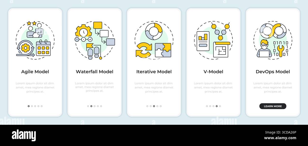 Software development life cycle models onboarding mobile app screen Stock Vector