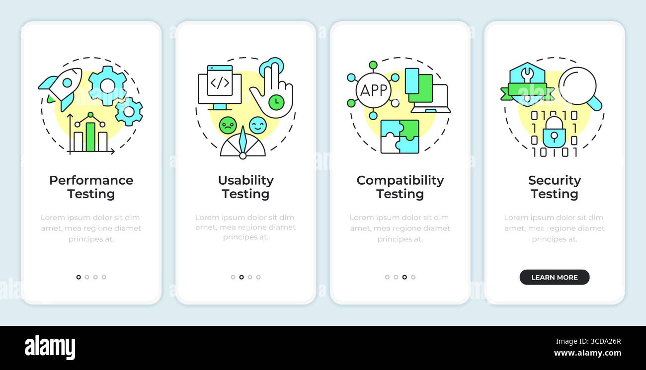 Non-functional testing types onboarding mobile app screen Stock Vector