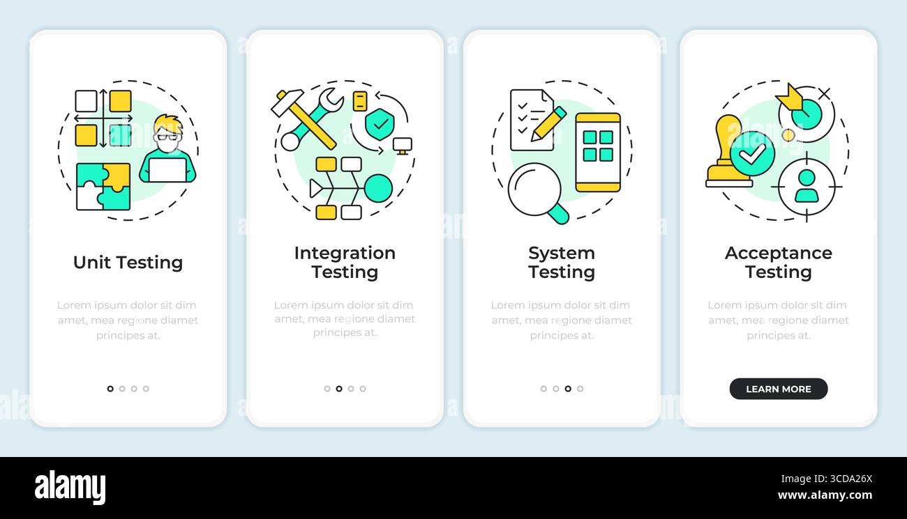 Software testing levels onboarding mobile app screen Stock Vector
