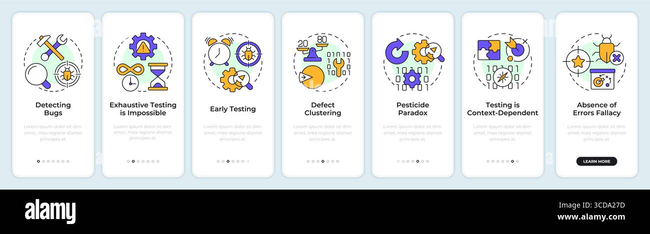 Software testing principles onboarding mobile app screen Stock Vector