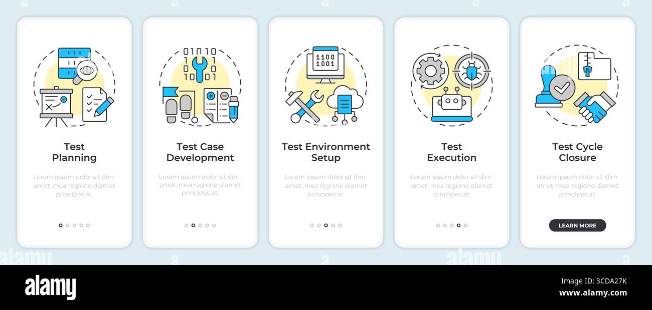 Software testing life cycle onboarding mobile app screen Stock Vector