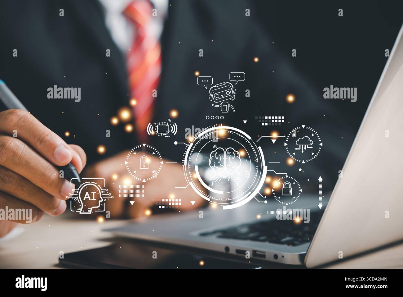 AI assists a businessman using a computer, demonstrating how ai can help business and is transforming daily life through the Internet of Things and ar Stock Photo