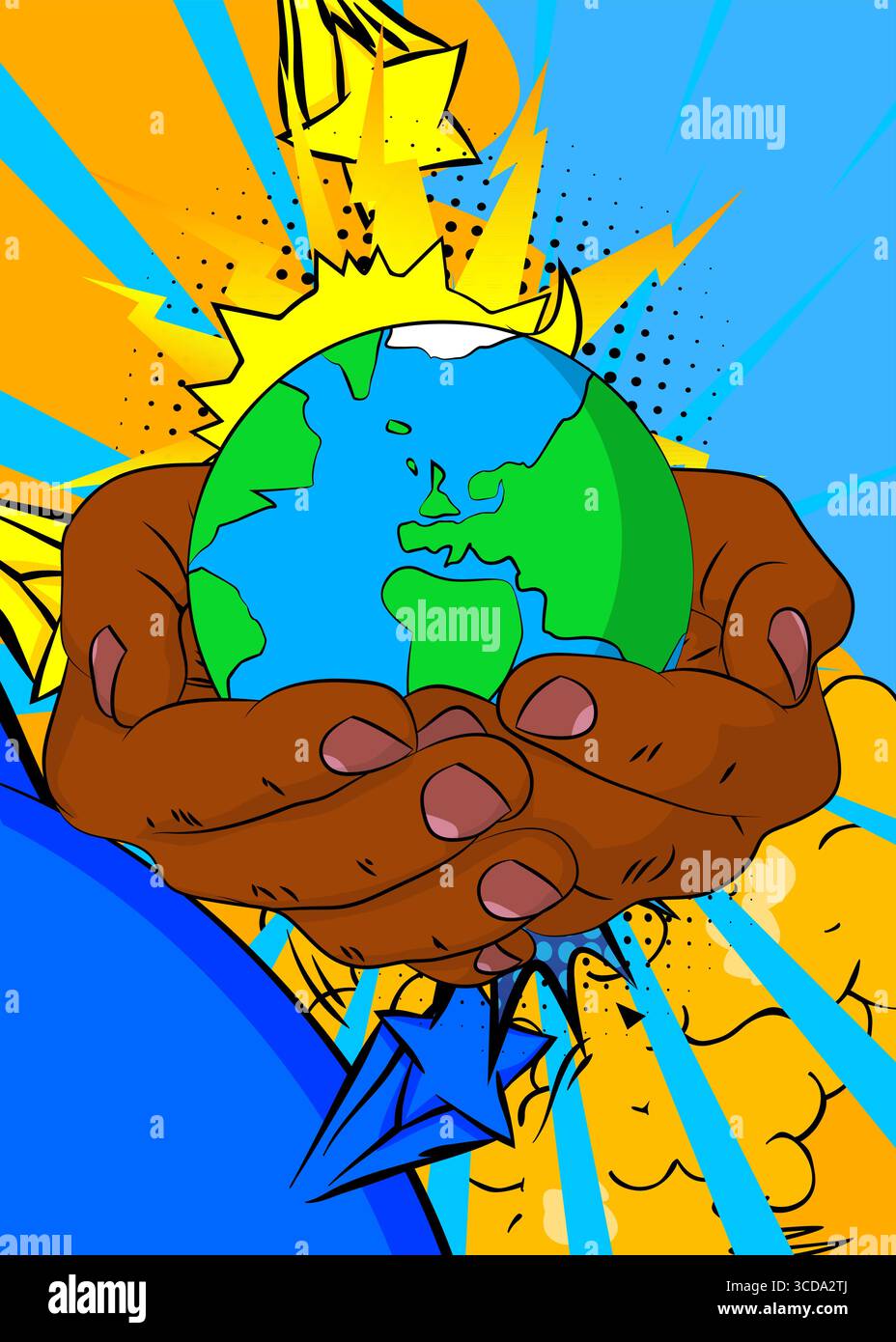 Cartoon, comic book human hands holding planet Earth. Retro vector ...