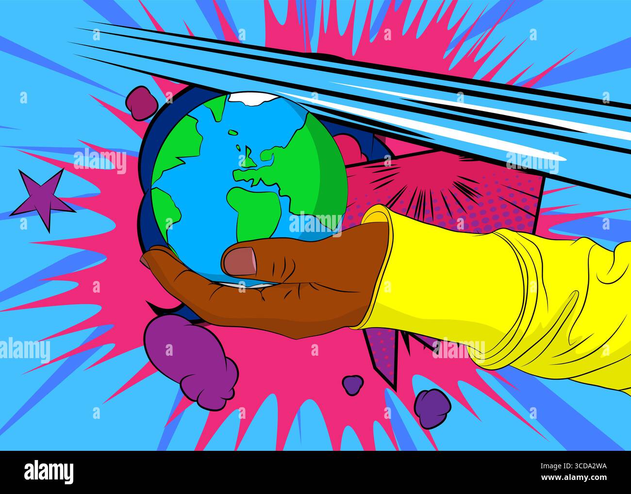 Cartoon, comic book human hands holding planet Earth. Retro vector ...