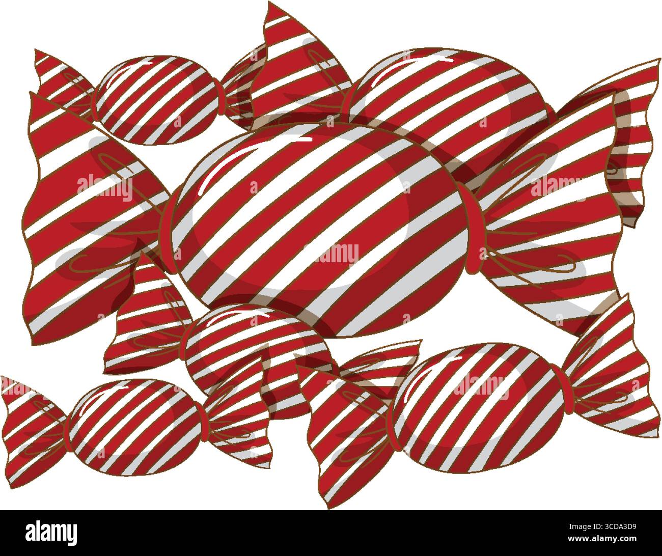 Vector illustration of assorted red and white striped candies in shiny ...