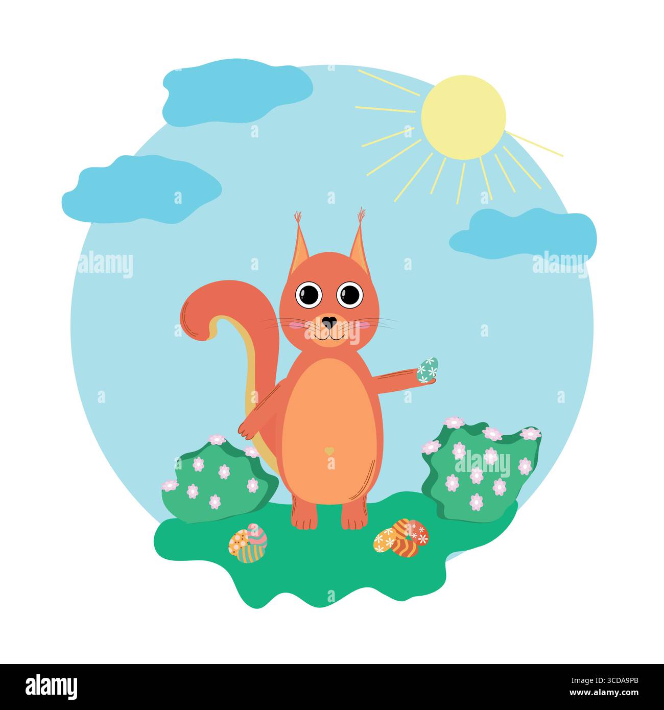 squirrel animal with easter egg holidays vector on blue background flat design, wildlife Stock Vector