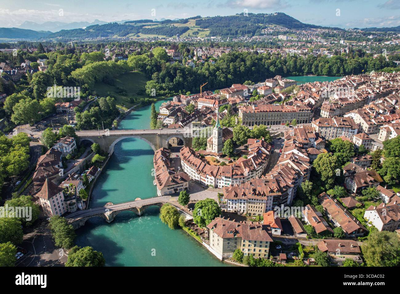 Aerial view of the Aare River snaking through the old city, arched ...