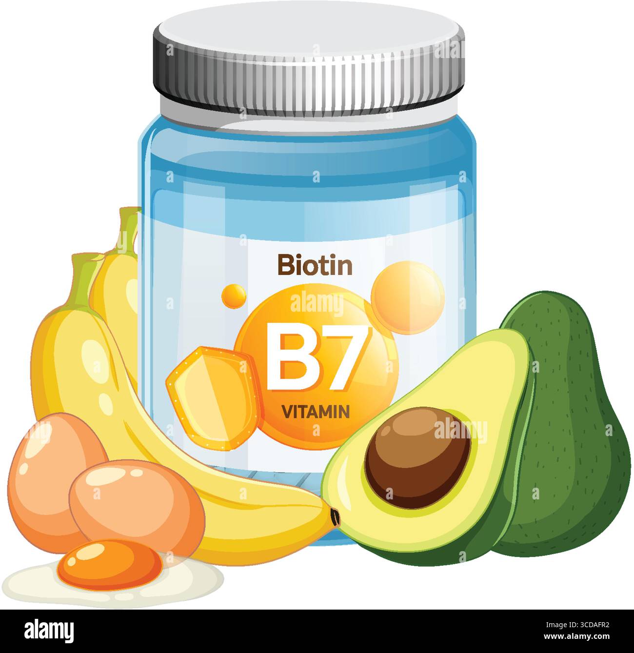 Vector illustration of a Biotin B7 vitamin bottle surrounded by bananas ...