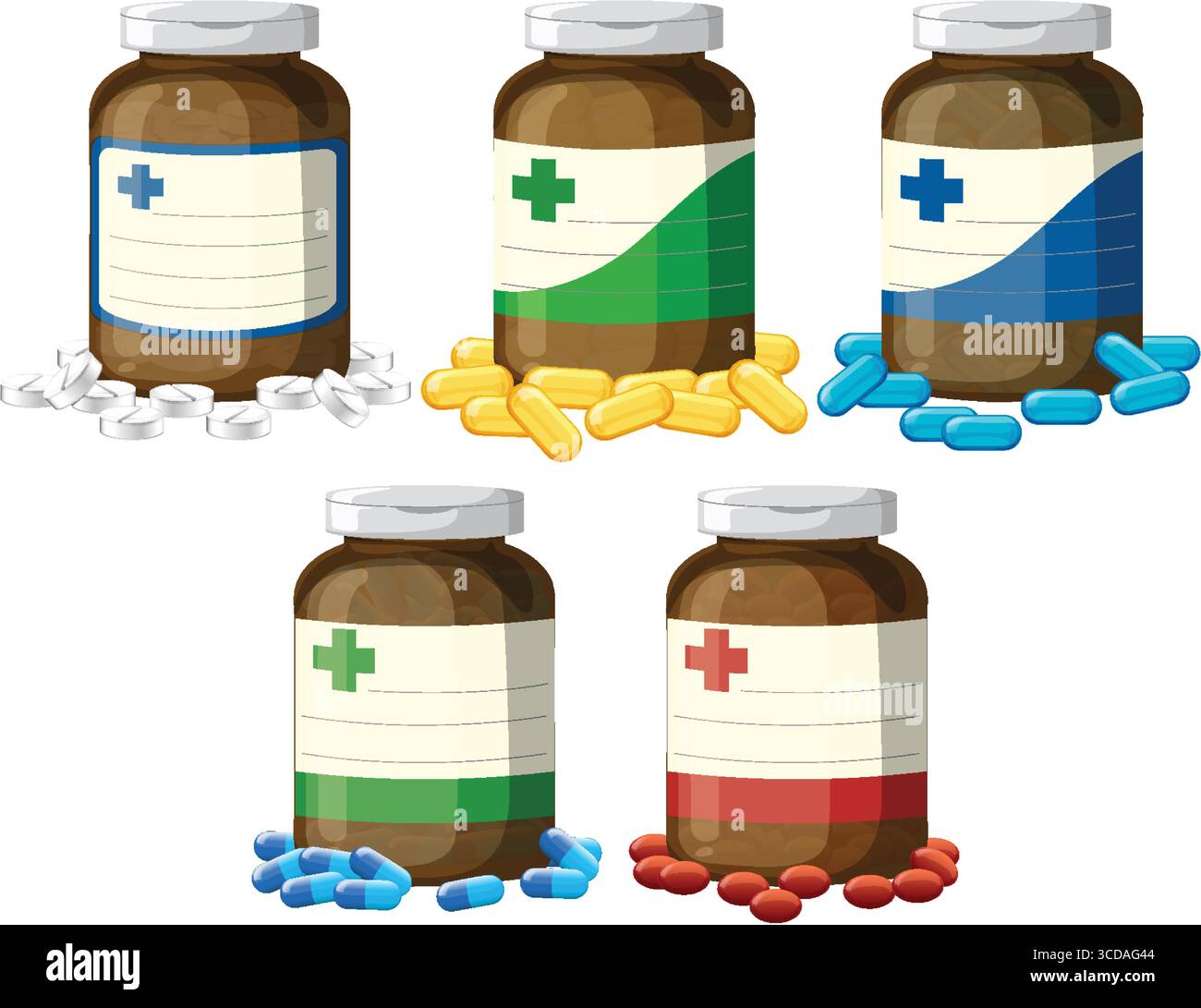 Vector illustration of five brown medicine bottles with blank labels ...