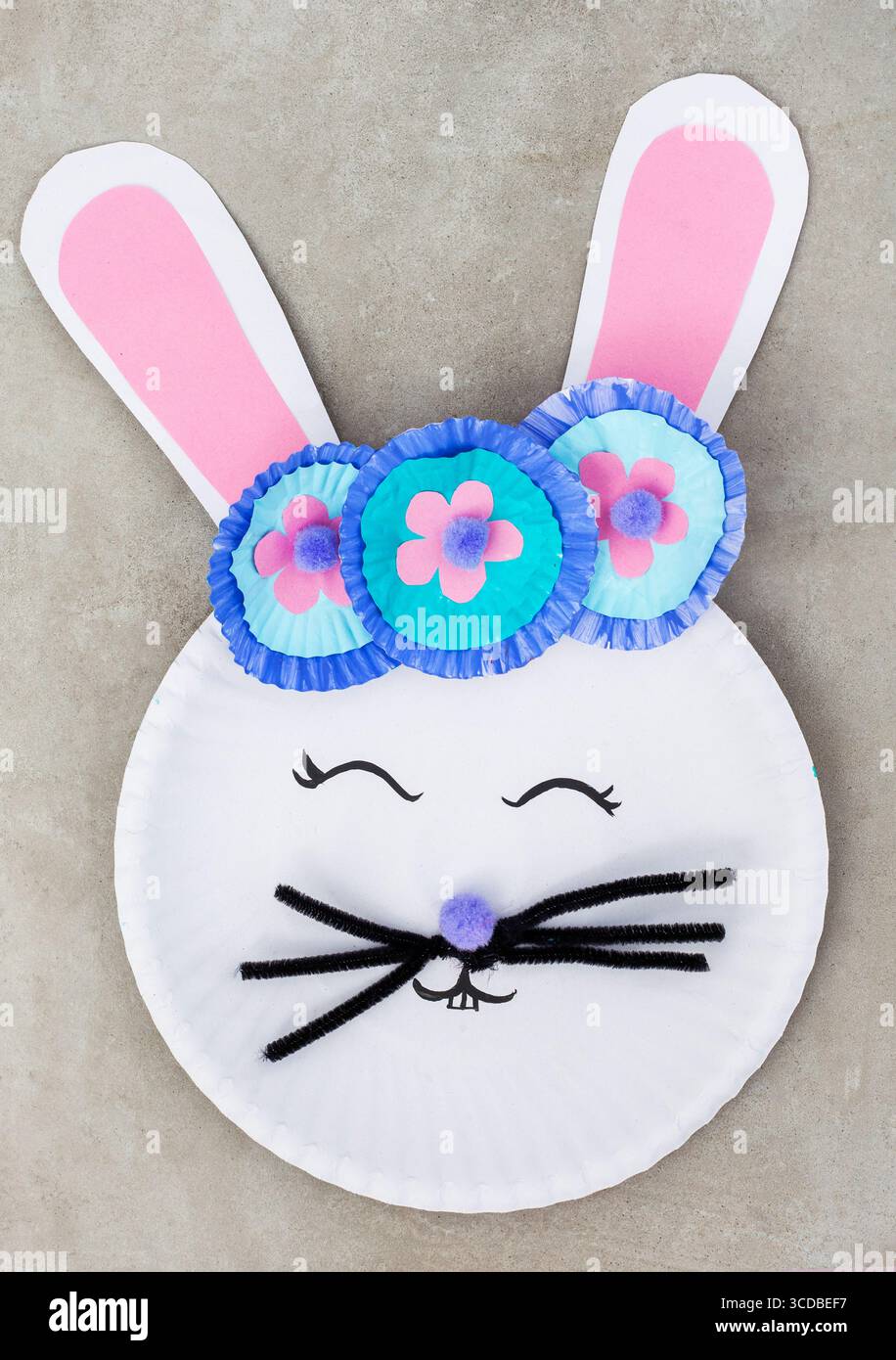 Paper Plate Rabbit Face Paper plate rabbit with a flower crown on its head. The rabbit is ...
