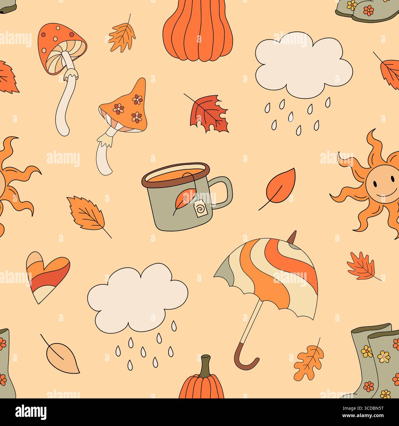 Autumn groovy seamless pattern with mushrooms, pumpkin, umbrella, rain. Fall vibes. Retro 70s vector illustration. Fabric, textile design Stock Vector