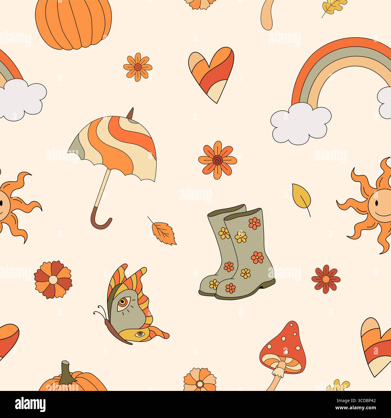 Autumn groovy seamless pattern with rainbow, mushrooms, umbrella. Fall vibes. Retro 70s vector illustration. Hippie style. Fabric, textile design Stock Vector
