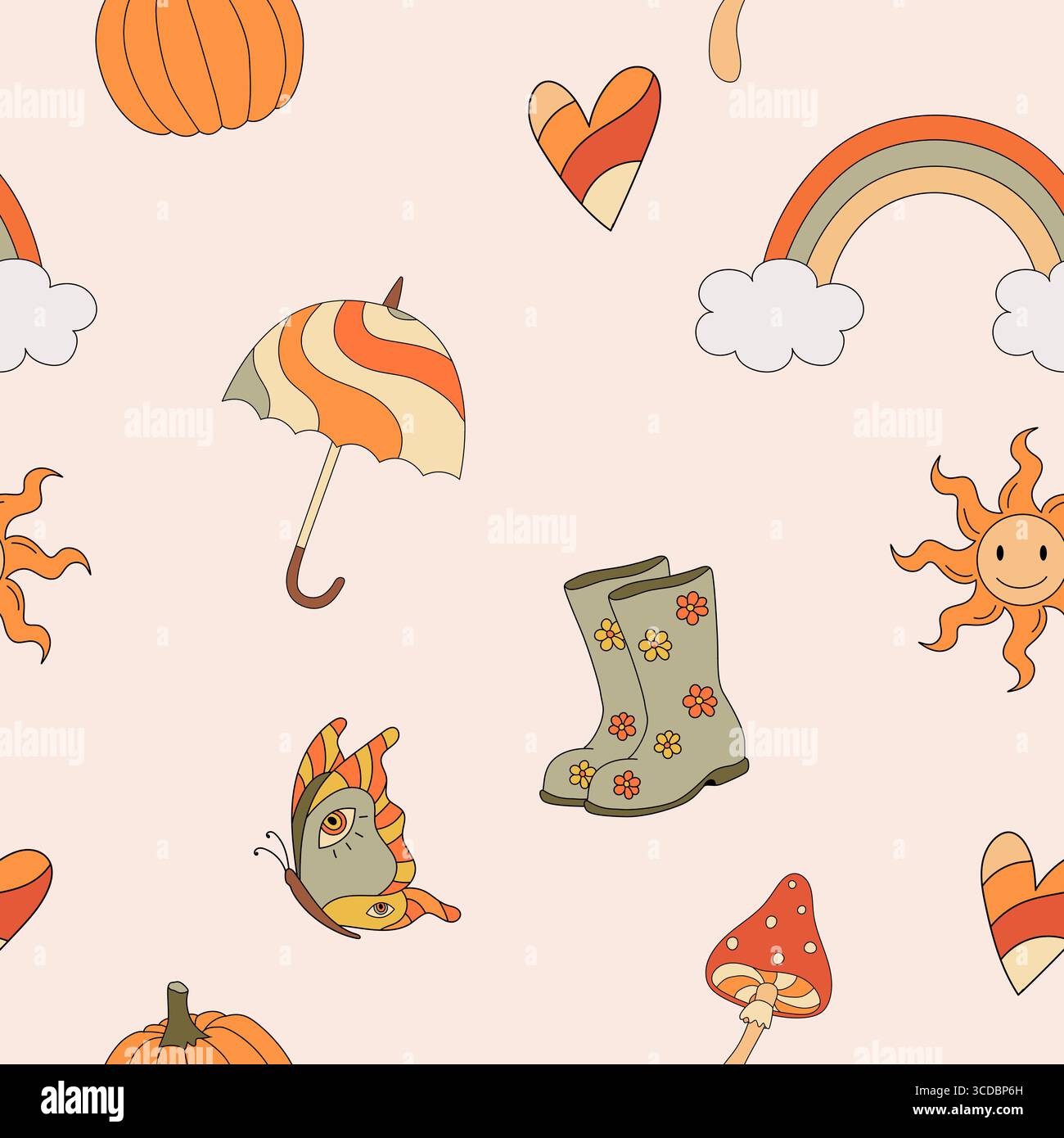 Autumn groovy seamless pattern with rainbow, mushrooms, umbrella. Fall vibes. Retro 70s vector illustration. Hippie style. Fabric, textile design Stock Vector