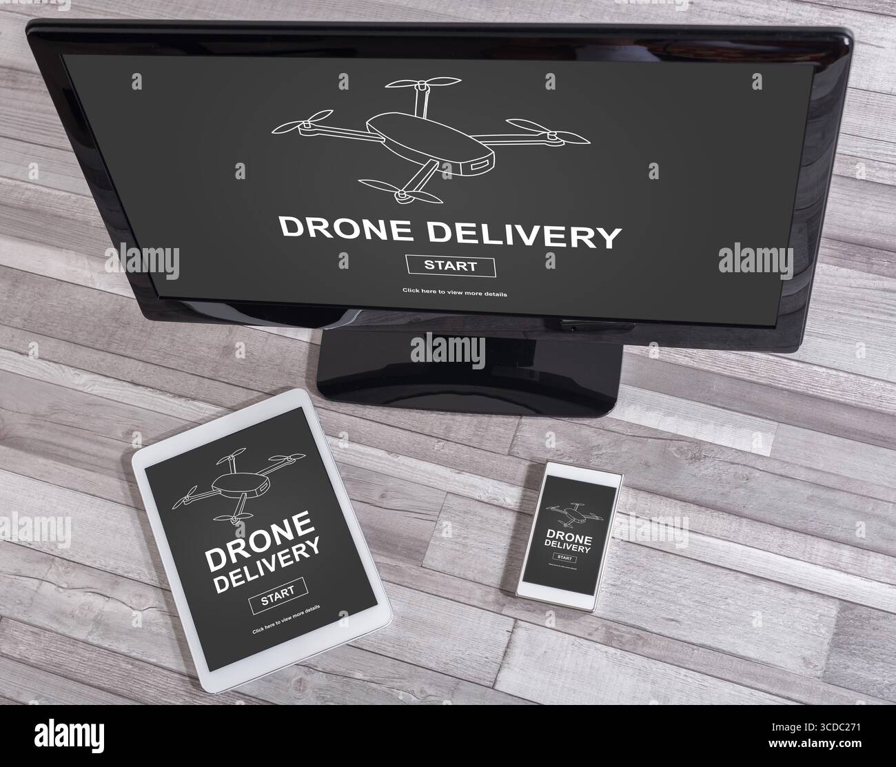 Drone delivery concept shown on different information technology devices Stock Photo