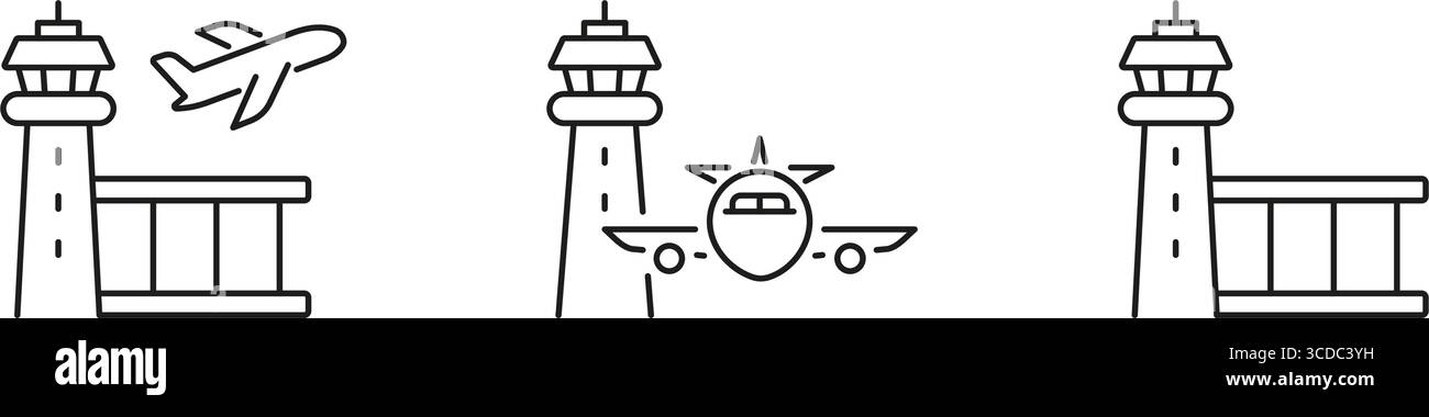 Airport Control Tower And Airplane Line Icon Set. Aviation Management ...