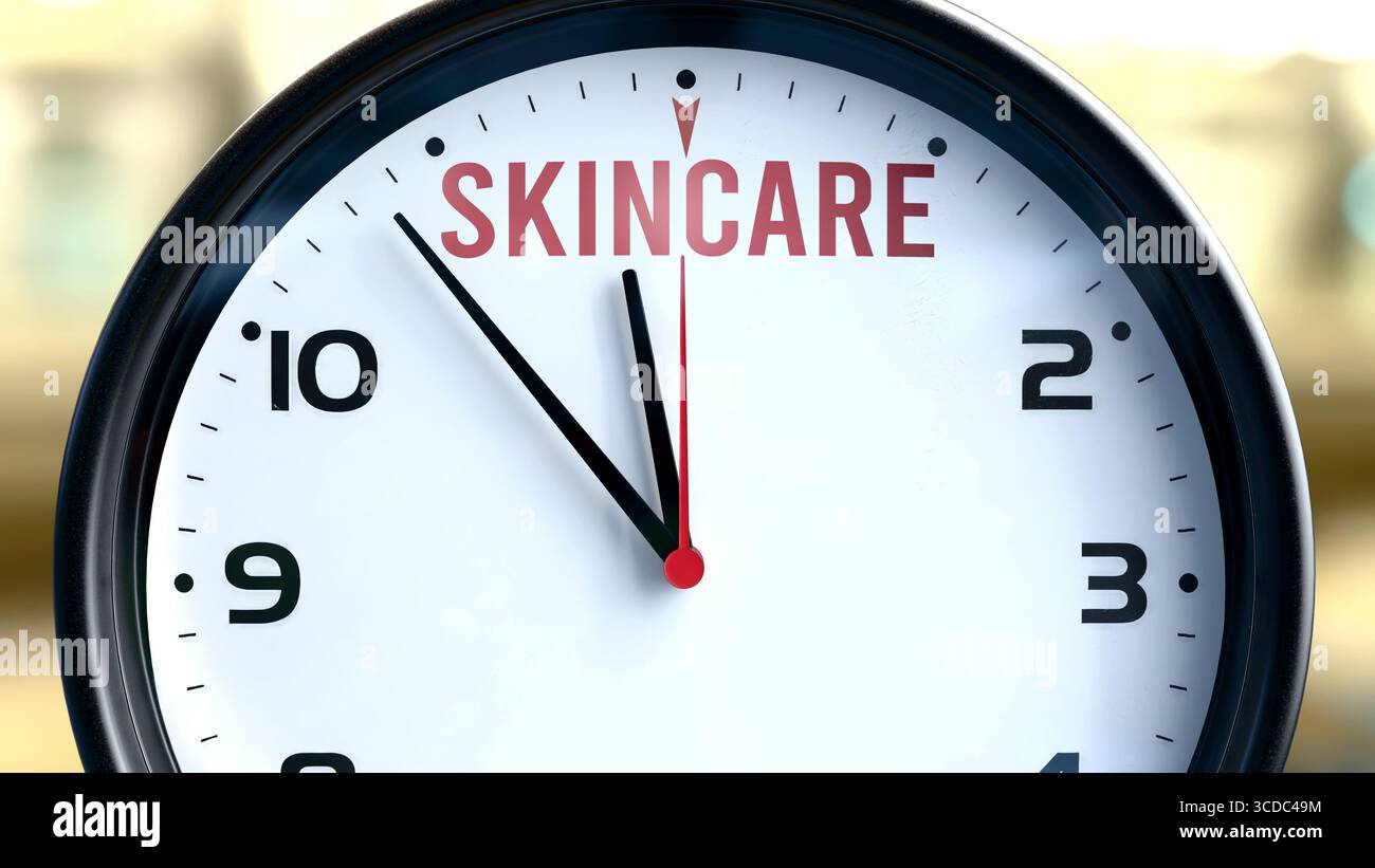 Skincare that is going to happen soon. Incoming skincare, approaching in the near future. Skincare almost here, in a short time - a clock symbolizes a Stock Photo