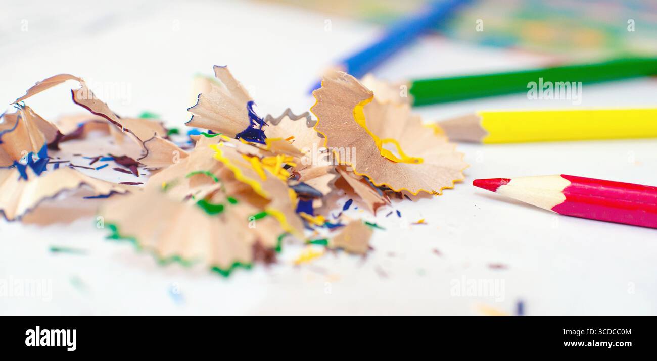 colored pencils and sharpened pencil shavings Stock Photo